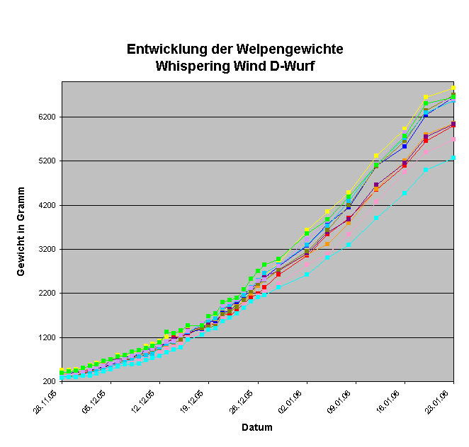 Diagramm Entwicklung der Welpengewichte
Whispering Wind D-Wurf